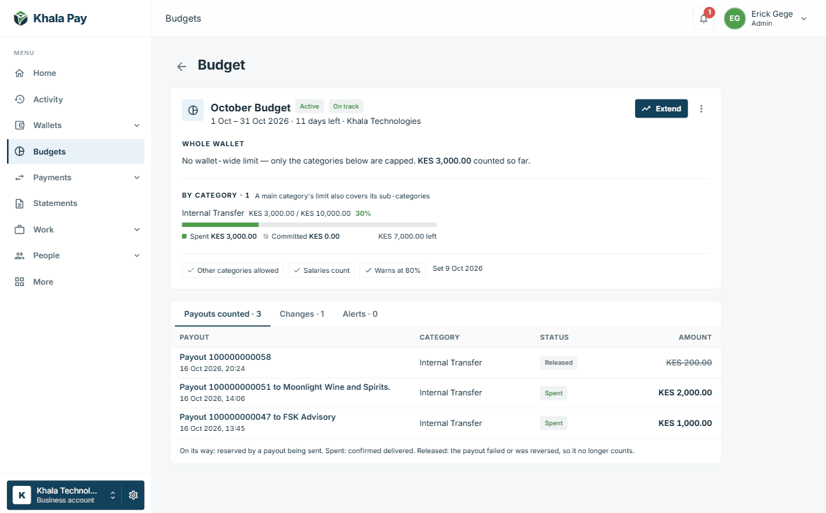 Khala Pay web app — Budgets & approvals