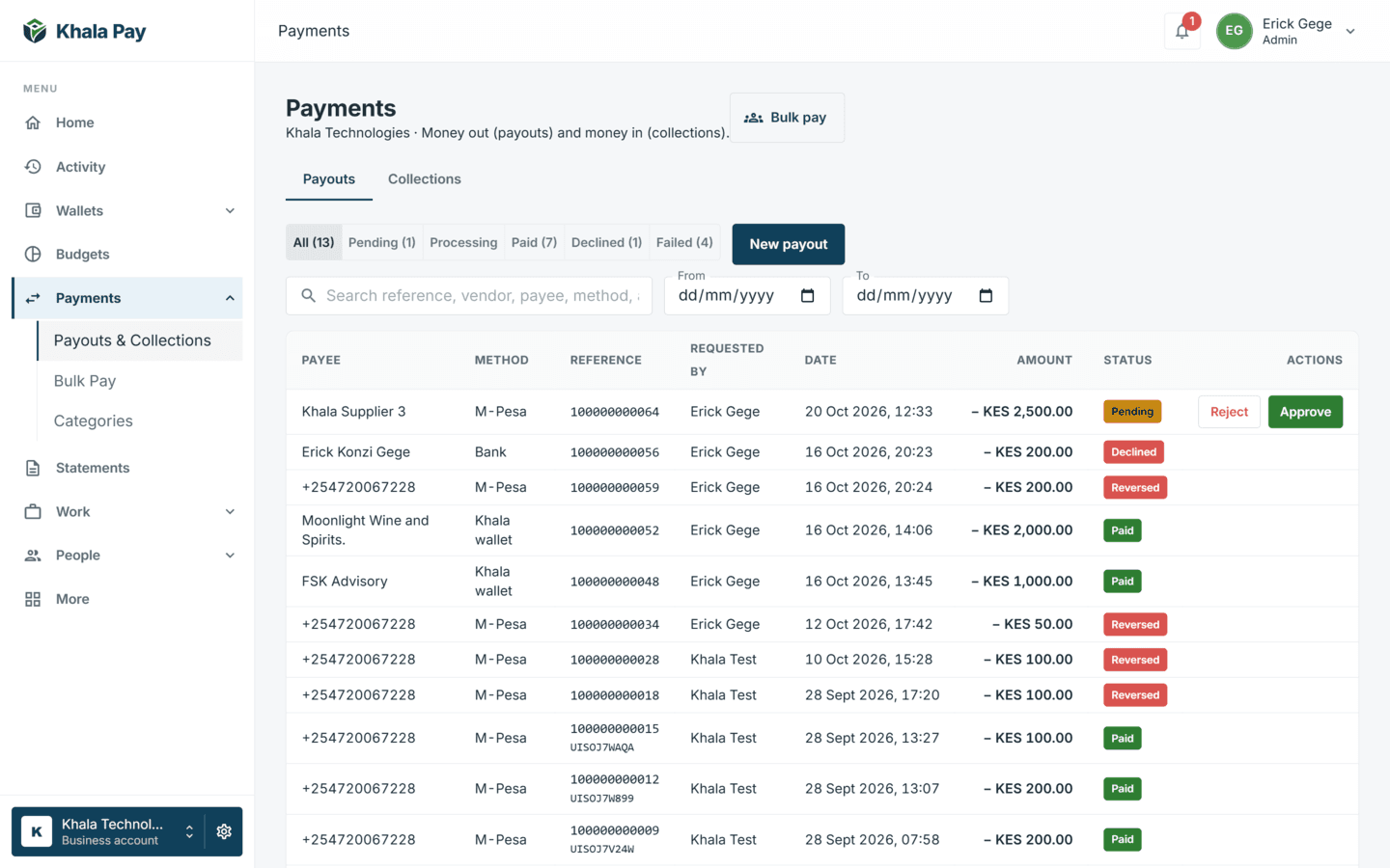 Khala Pay web app — Payouts